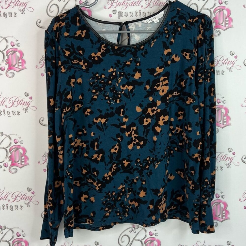 Cleo long sleeve cheetah leopard bubble sleeve Teal Brown Floral Top